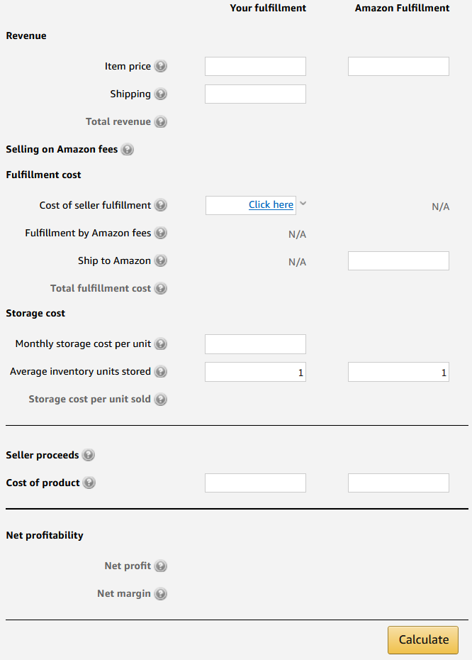 Fulfillment by Amazon Revenue Calculator product specification entry form